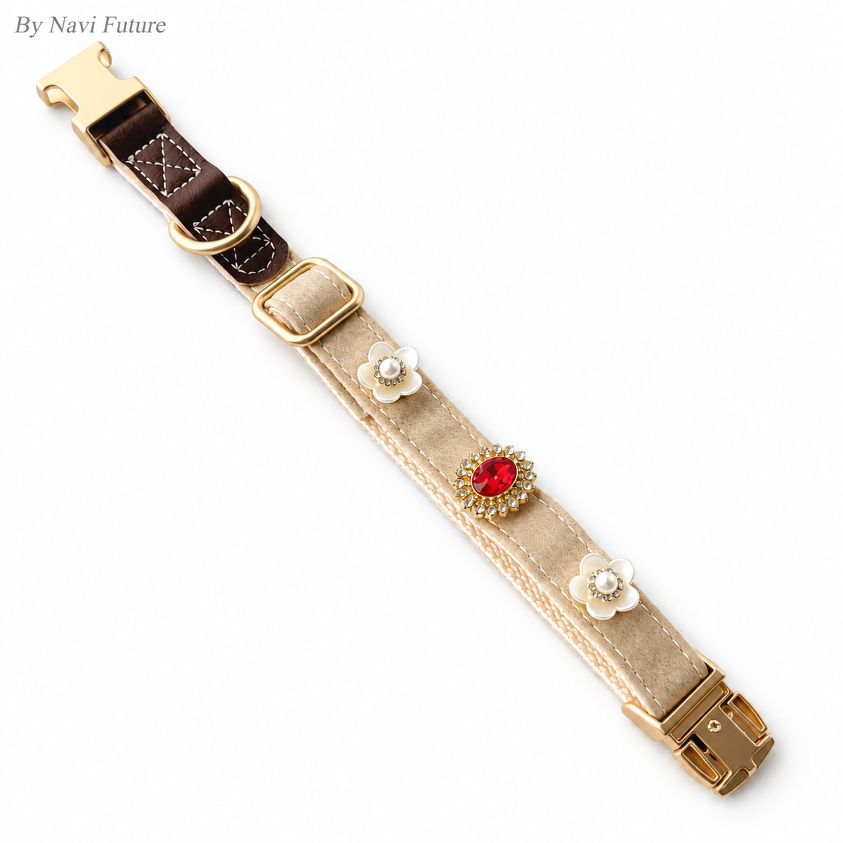 Beige Crystal & Pearl Flower Pet Collar with Interchangeable Charms