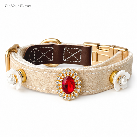 Beige Crystal & Pearl Flower Pet Collar with Interchangeable Charms