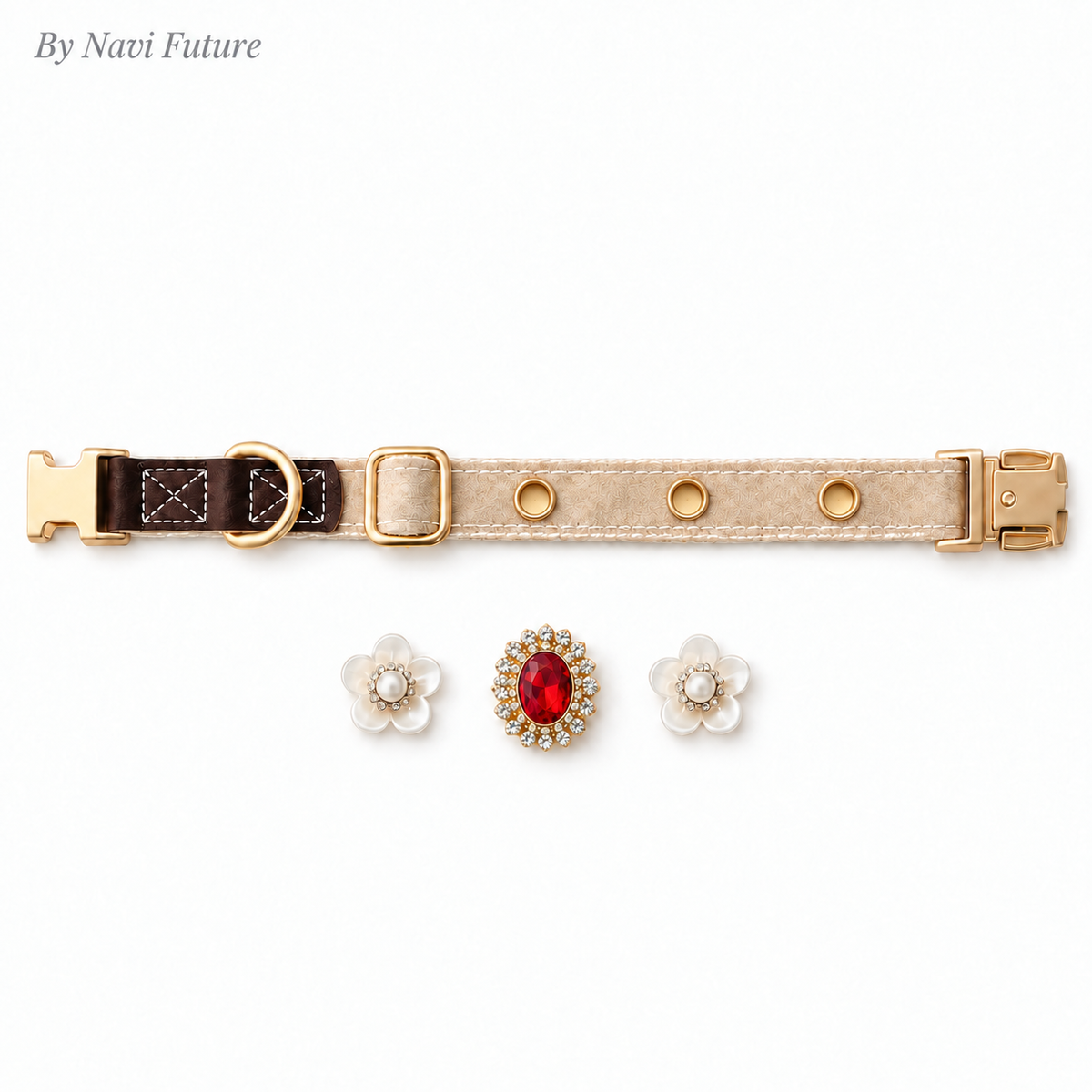 Beige Crystal & Pearl Flower Pet Collar with Interchangeable Charms